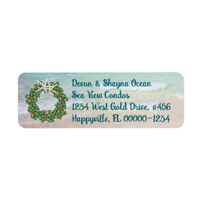 Tropical Christmas Wreath Ocean Skinny Address Label (Front)