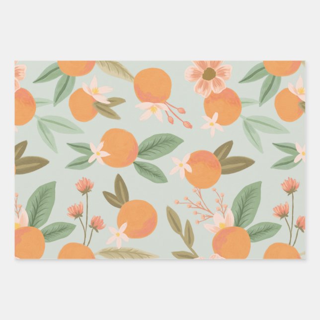 Tropical Citrus Floral Mint Green Wrapping Paper Sheets (Front)