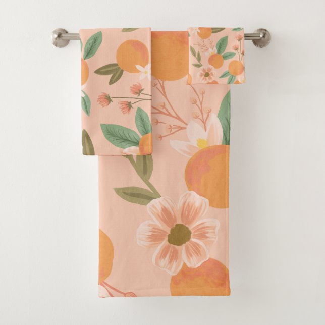 Tropical Citrus Floral Pink Bath Towel Set (Insitu)