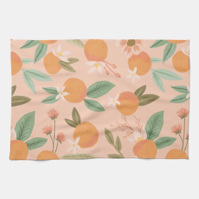 Tropical Citrus Floral Pink Kitchen Towel (Horizontal)