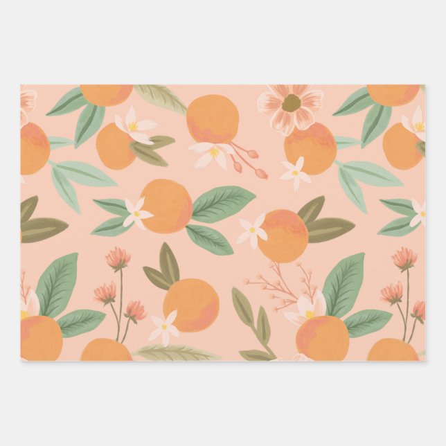 Tropical Citrus Floral Pink Wrapping Paper Sheets (Front)