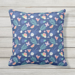 Tropical Citrus Fruit Cocktail Hour Pattern Blue Outdoor Pillow