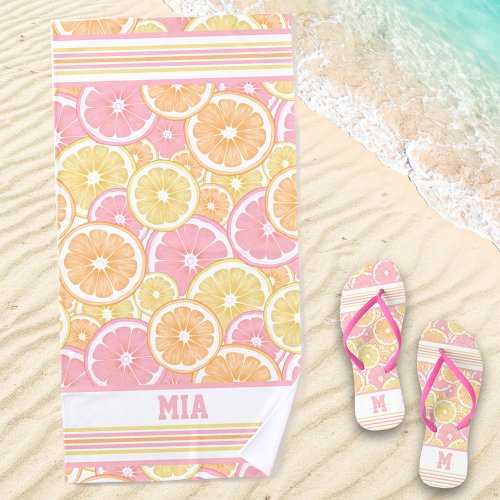 Tropical Citrus Fruit Pattern Name Monogram Beach Towel