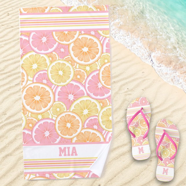 Tropical Citrus Fruit Pattern Name Monogram Beach Towel (Creator Uploaded)