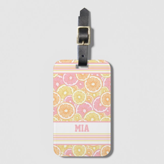 Tropical Citrus Fruit Pattern Name Monogram Luggage Tag (Front Vertical)