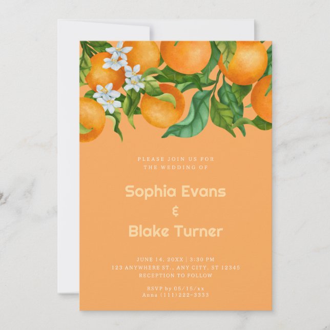 Tropical Citrus Oranges Botanical Orange Wedding Invitation (Front)