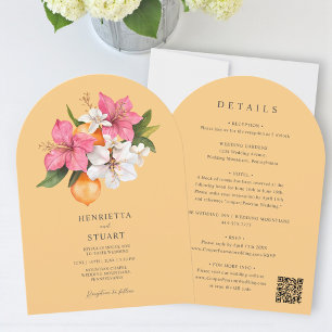 tropical citrus pink arch all in one wedding invitation