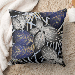 Tropical Class is a Blue, Silver, & Gold Floral Throw Pillow