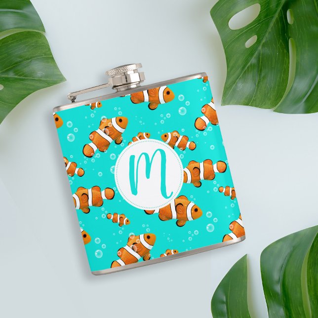 Tropical Clownfish & Bubbles Pattern Hip Flask (Tropical Clownfish Pattern & Monogram Flask)