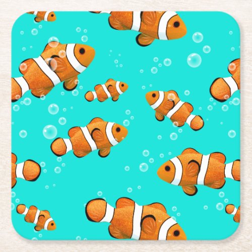 Tropical Clownfish  Bubbles Pattern Square Paper Coaster