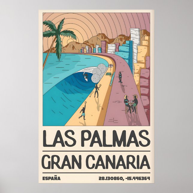Tropical Coastal Art Print, Palm Tree Bay, Retro Poster (Front)