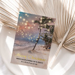 Tropical Coastal Beach Christmas Foil Holiday Card<br><div class="desc">Vintage beach christmas holiday card featuring a sunset tropical beach setting with lush palm trees,  string gold foil lights,  seasons greetings,  and your name.</div>