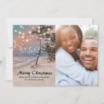 Tropical Coastal Beach Christmas Photo Holiday Card<br><div class="desc">Vintage beach christmas holiday card featuring a sunset tropical beach setting with lush palm trees,  string twinkle lights,  a pfamily photo,  seasons greetings,  and your name.</div>