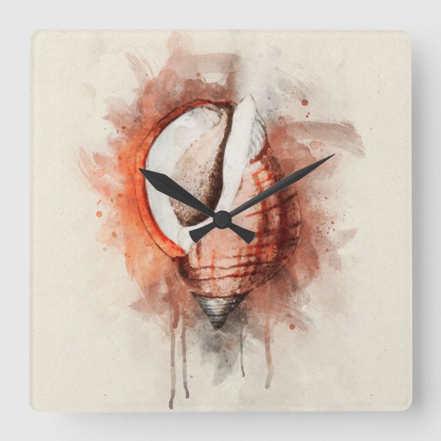 Tropical Coastal Beach Sea Shell Watercolor Square Wall Clock (Front)