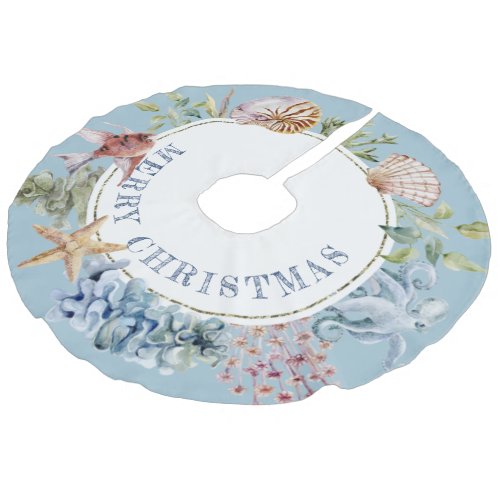 Tropical Coastal Beach Theme Blue Merry Christmas Faux Linen Tree Skirt