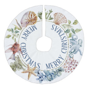 Tropical Coastal Beach Theme Merry Christmas Faux  Faux Linen Tree Skirt