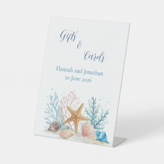 Tropical Coastal Beach Wedding Watercolor Seashell Pedestal Sign