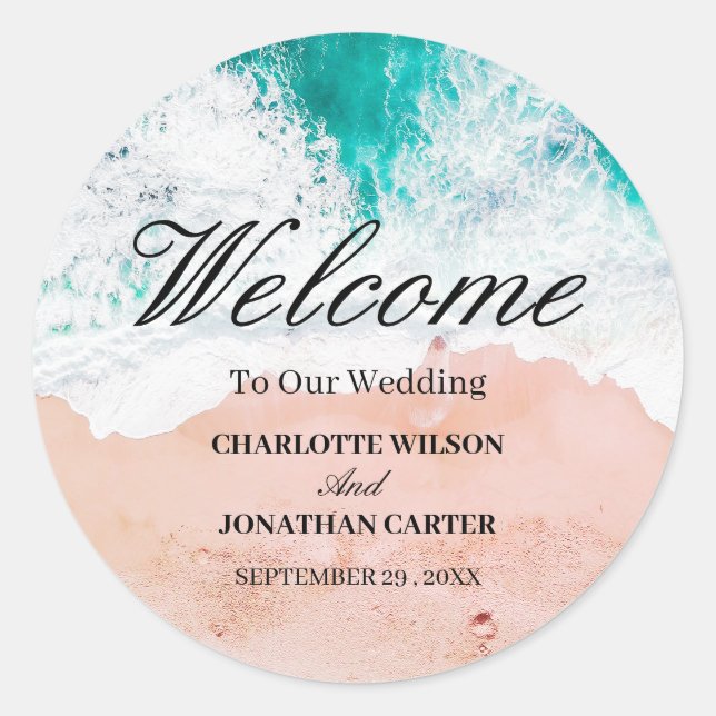 Tropical Coastal Beach Wedding Welcome Classic Round Sticker (Front)