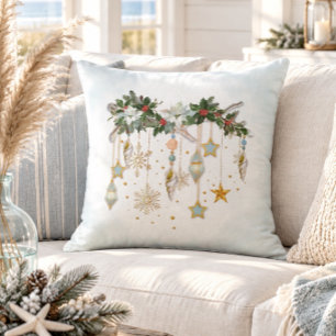 Tropical Coastal Christmas Foliage and Ornaments Throw Pillow