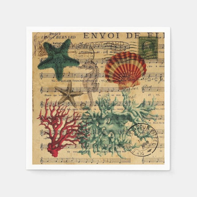 tropical coastal coral seashells seahorse napkins (Front)