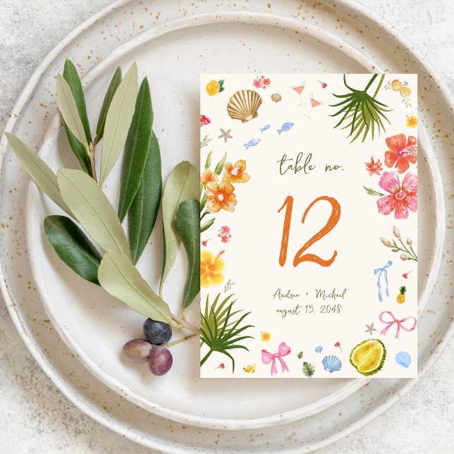 Tropical Coastal Hand Drawn 5x7 Table Number Card (Creator Uploaded)