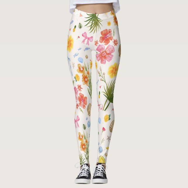 Tropical Coastal Hand Drawn Flowers & Seashells Leggings (Front)