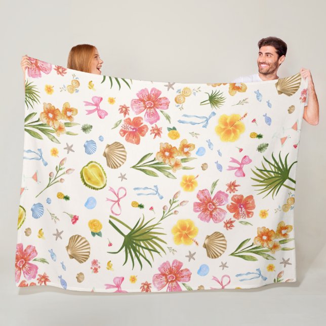 Tropical Coastal Hand Drawn Flowers & Shells Fleece Blanket (In Situ)