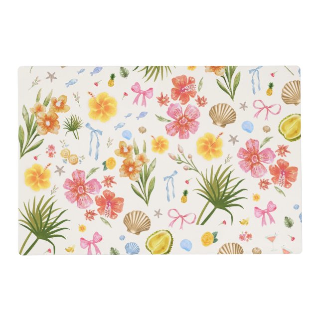 Tropical Coastal Hand Drawn Flowers & Shells Placemat (Front)