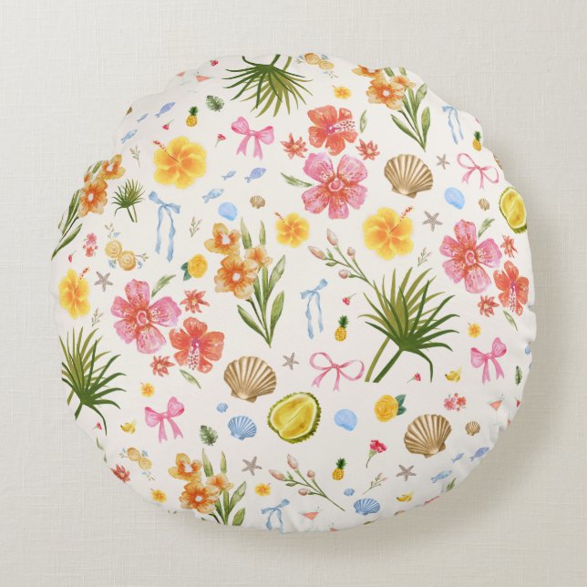 Tropical Coastal Hand Drawn Flowers & Shells Round Pillow (Front)