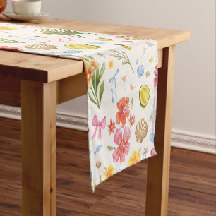 Tropical Coastal Hand Drawn Flowers & Shells Short Table Runner