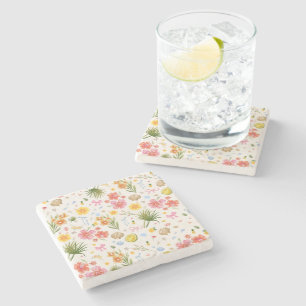 Tropical Coastal Hand Drawn Flowers & Shells Stone Coaster