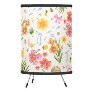 Tropical Coastal Hand Drawn Flowers & Shells Tripod Lamp