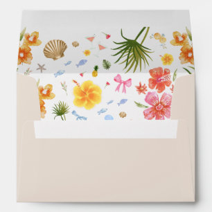 Tropical Coastal Hand Drawn Flowers Shells Wedding Envelope
