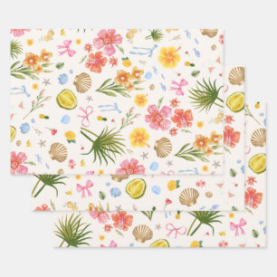 Tropical Coastal Hand Drawn Flowers & Shells Wrapping Paper Sheets