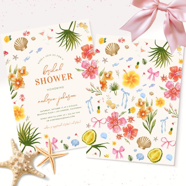 Tropical & Coastal Hand Drawn Shells Bridal Shower Invitation (Creator Uploaded)