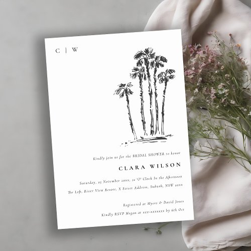 Tropical Coastal Palm Tree Sketch Bridal Shower Invitation