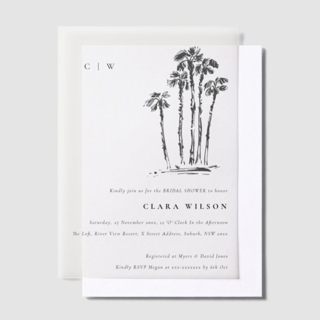 Tropical Coastal Palm Tree Sketch Bridal Shower Vellum Invitations (Offset)