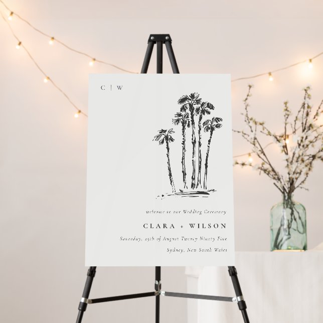 Tropical Coastal Palm Tree Sketch Wedding Welcome Foam Board (In Situ (Stand))