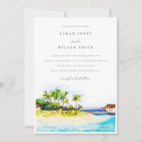 Tropical Coastal Palm Trees Seascape Beach Wedding Invitation