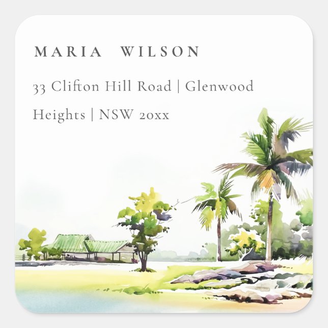 Tropical Coastal Palm Trees Watercolor Address Square Sticker (Front)