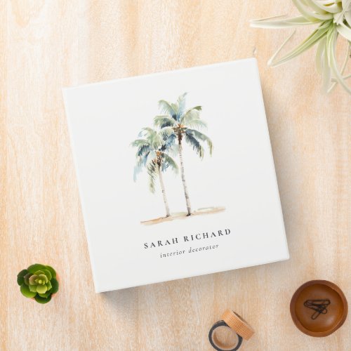 Tropical Coastal Palm Trees Watercolor Blue Green 3 Ring Binder