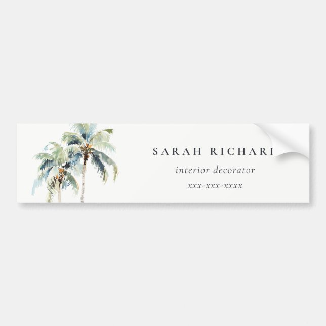 Tropical Coastal Palm Trees Watercolor Blue Green Bumper Sticker (Front)
