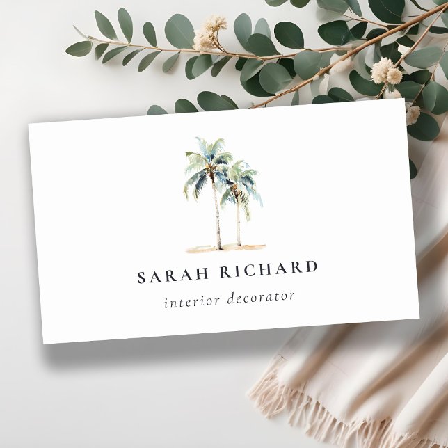 Tropical Coastal Palm Trees Watercolor Blue Green Business Card (Creator Uploaded)