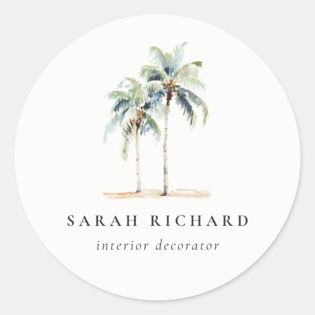 Tropical Coastal Palm Trees Watercolor Blue Green Classic Round Sticker (Front)