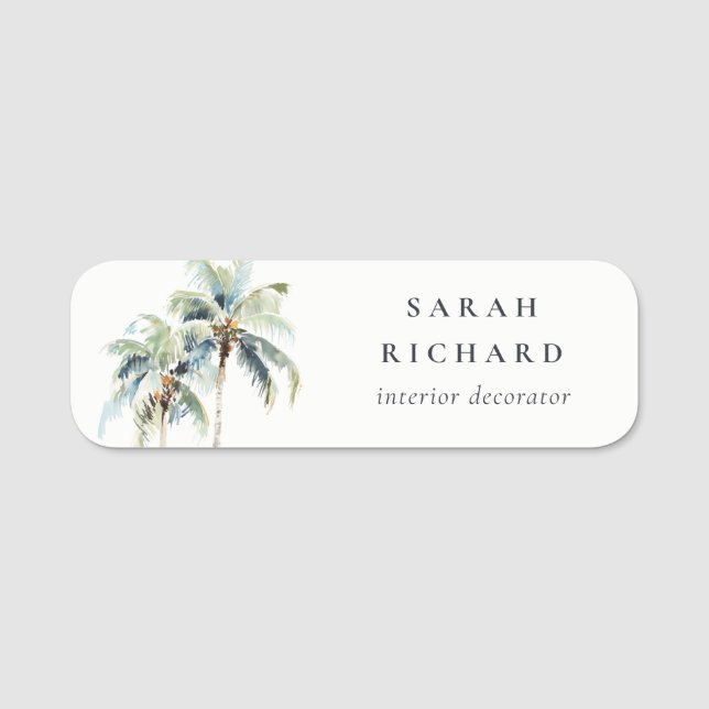 Tropical Coastal Palm Trees Watercolor Blue Green Name Tag (Front)