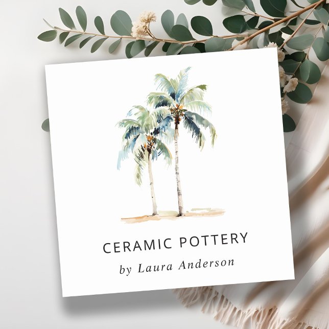 Tropical Coastal Palm Trees Watercolor Blue Green Square Business Card (Creator Uploaded)