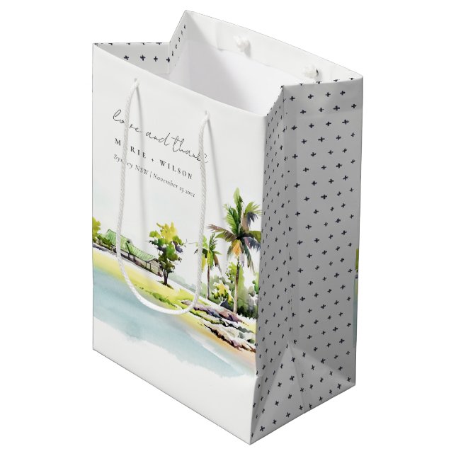 Tropical Coastal Palm Trees Watercolor Wedding Medium Gift Bag (Front Angled)