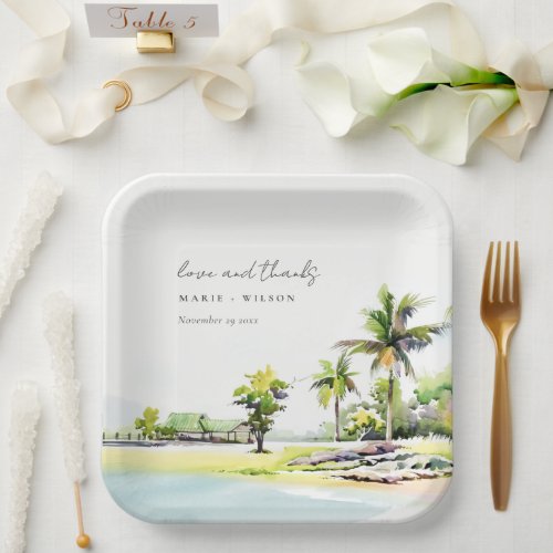 Tropical Coastal Palm Trees Watercolor Wedding Paper Plates