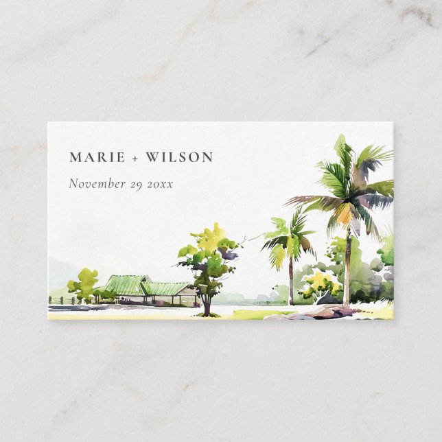 Tropical Coastal Palm Trees Watercolor Wedding Place Card (Front)