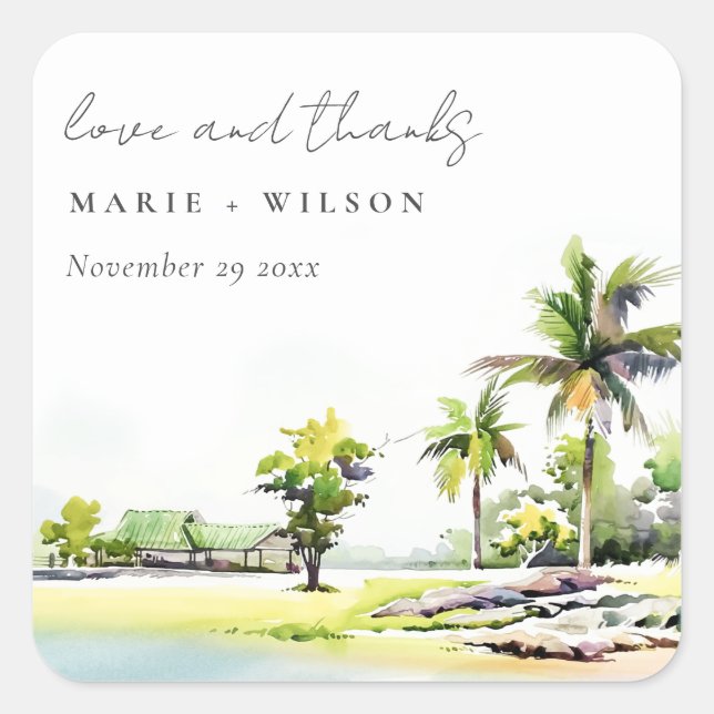 Tropical Coastal Palm Trees Watercolor Wedding Square Sticker (Front)